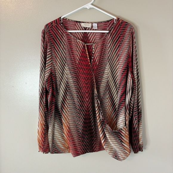 Chico’s Wrap Long Sleeve Blouse Red Black Geometric Top Size 3 Large - Picture 1 of 6